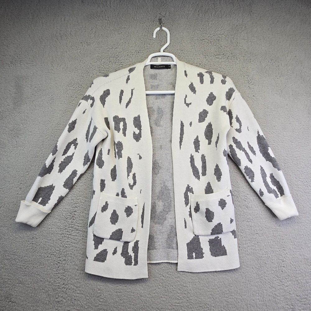 Merokeety Cardigan‎ Sweater Women's S White Gray Open Knit Stretchy Animal Print